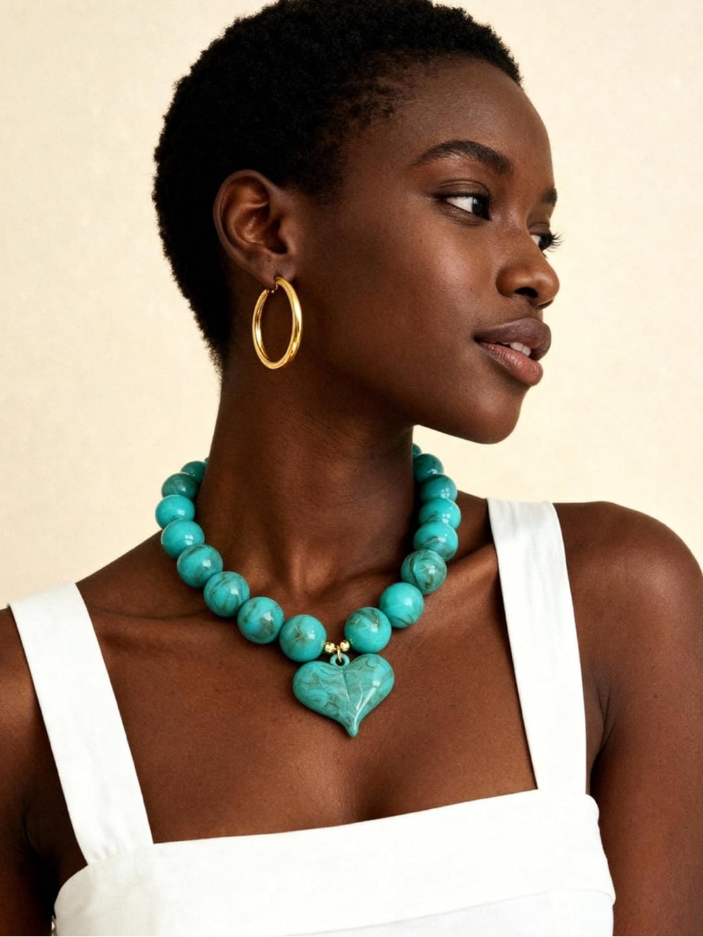 Turquoise Beaded Heart Necklace with Gold Accents